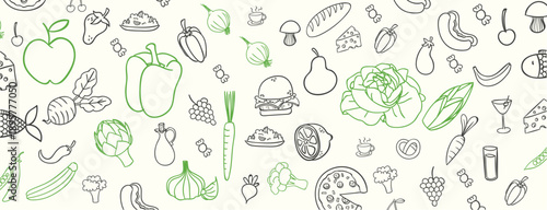 Hand drawn food doodle pattern with fruits, vegetables, burgers, cheese, and organic ingredients. Line art illustration for food packaging, menu design, healthy eating, and culinary backgrounds.