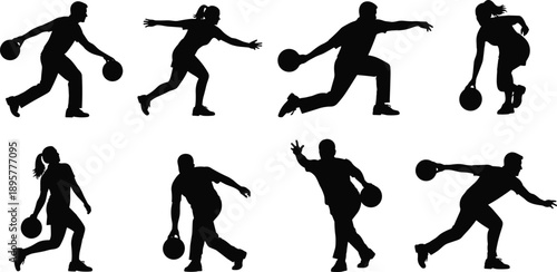 Eight bowling player silhouettes in motion, black illustration, sport technique, dynamic pose, athletic concept, game action design