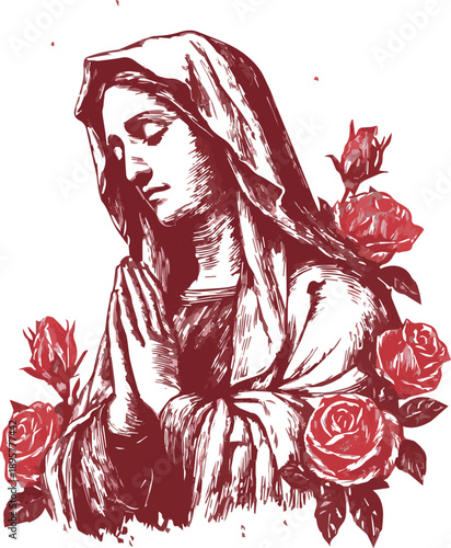 Praying virgin mary with roses vector illustration in red ink
