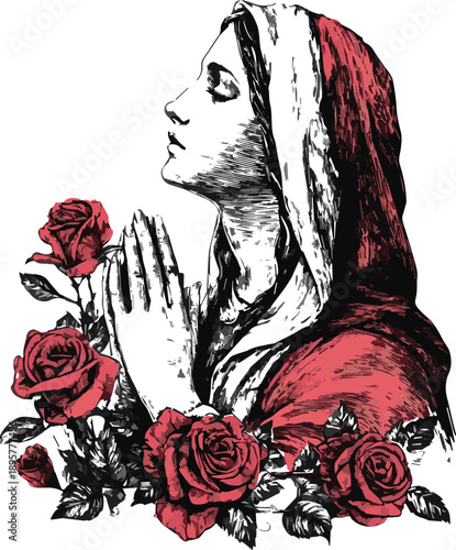 Praying virgin mary with roses vector illustration in red ink
