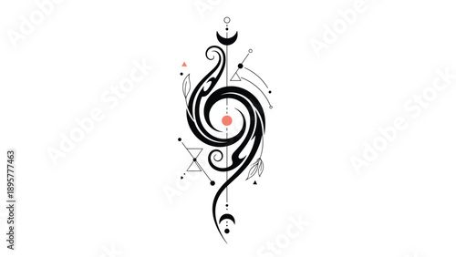 Elegant abstract spiral tattoo design featuring intricate flowing lines, geometric shapes, and a soft red center.