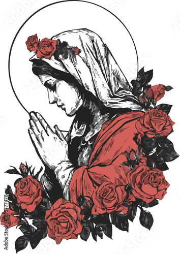 Praying virgin mary with roses vector illustration in red ink
