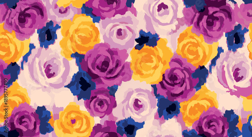 Colorful abstract roses with layered brush textures in vibrant pink, yellow and purple floral pattern design