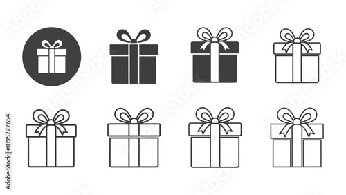 Collection of eight varied gift box icons featuring both solid black and outline styles