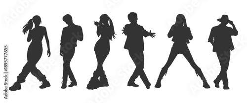 Silhouette vector illustrations of Korean pop performers singing and dancing on stage. Modern group dancers with diverse poses, styles, and movements. Flat design representing kpop music star.