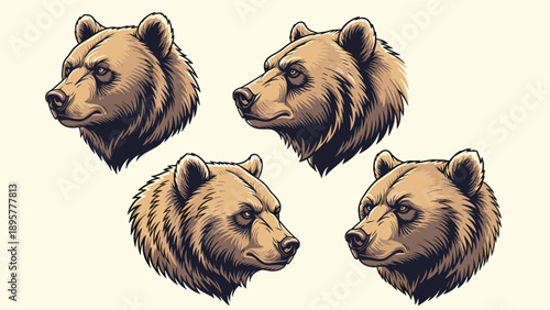 Set of four brown bear head portraits with realistic fur textures and serious facial expressions on cream background.