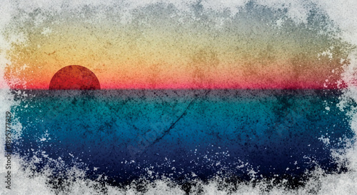 Abstract vintage horizon artwork with red sun, textured sky and ocean layers, and distressed cinematic grunge atmosphere
