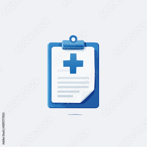 Blue medical clipboard with a white cross and document lines, representing healthcare, records, and medical services, isolated white background.