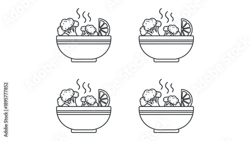 Seamless black and white pattern featuring four steaming bowls of broccoli and lemon slices