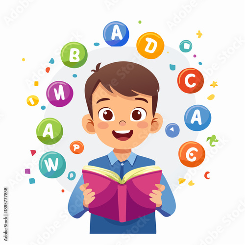 Happy young boy smiling and reading a book, surrounded by colorful floating alphabet letters, learning and education concept, isolated white background.