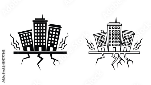 Two styles of iconic city buildings shaking severely during a catastrophic natural disaster event