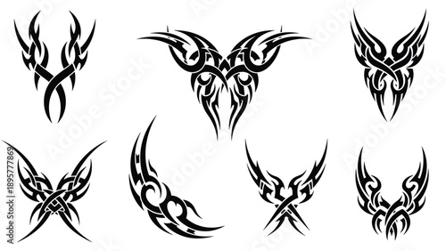 Collection of diverse black tribal tattoo designs with sharp points and symmetrical interlocking patterns for body art.