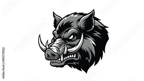 Fierce wild boar head mascot logo design in black and white with large tusks and an aggressive facial expression.