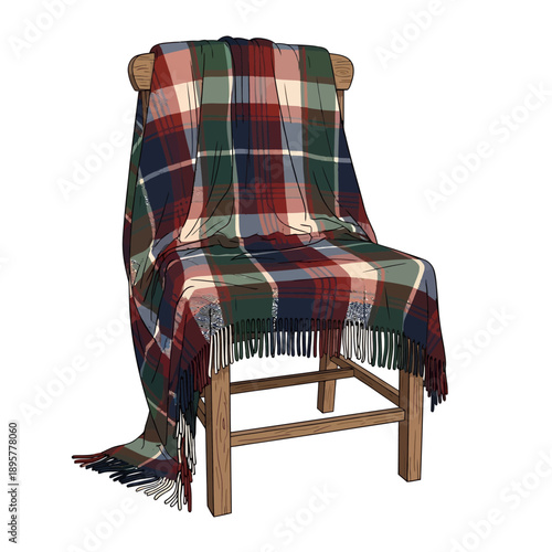 A wooden chair draped with a vibrant plaid blanket, showcasing tartan patterns in a cozy indoor setting from a frontal viewpoint