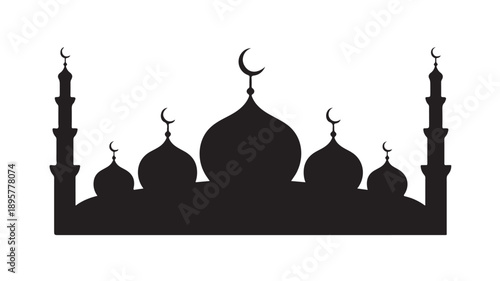 Mosque Silhouette with Crescent Moon in Minimalist Design on White Background for Islamic Symbol