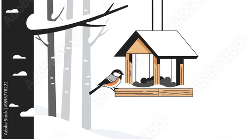 A small bird perched on a snowy bird feeder in a serene winter forest landscape view from the side
