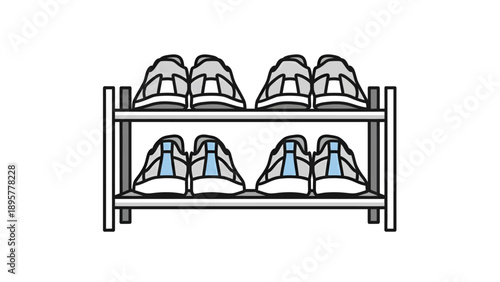 Illustration of shoes arranged neatly on a two-tiered shelf from a straightforward viewpoint