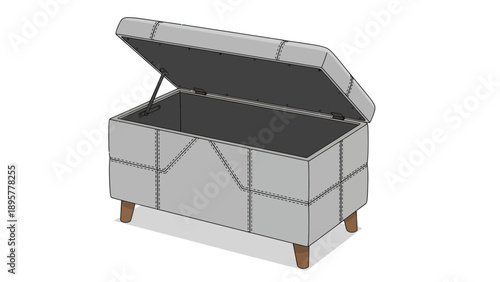 A light gray storage ottoman with an open lid revealing a dark gray interior, standing on four wooden legs, viewed from a slightly elevated angle