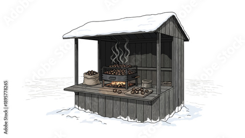 A snowy wooden barbecue hut with a tiled roof, grill, and food being cooked, viewed from the front in a winter landscape.