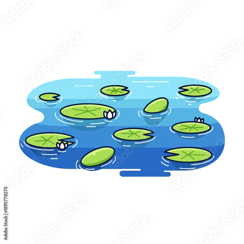 Pond scene with lily pads and frogs in a serene water environment from a top-down viewpoint