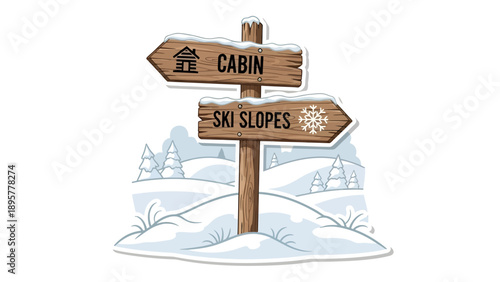 Wooden signpost directing to cabin and ski slopes in a snowy landscape viewed from a slight elevation