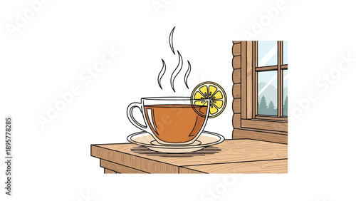 Steaming tea cup with lemon on wooden windowsill viewed from the side in a cozy atmosphere
