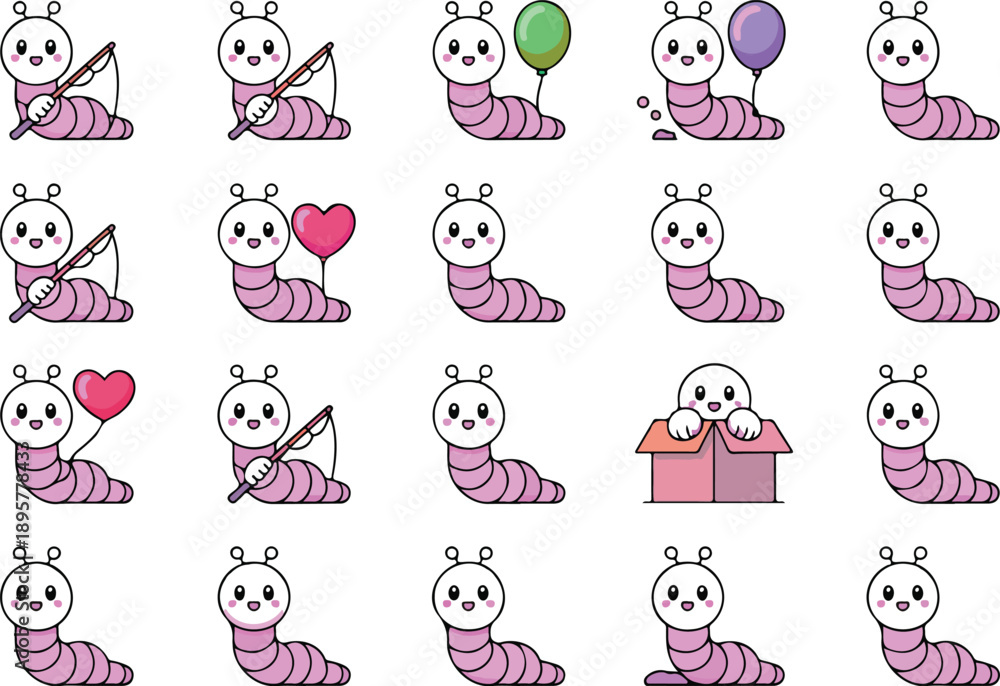 Obraz premium Cute Worm Character Outline Icon Set Funny Emotions and Playful Poses