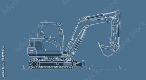 Compact Excavator Blueprint Outline Illustration Construction Machine Style