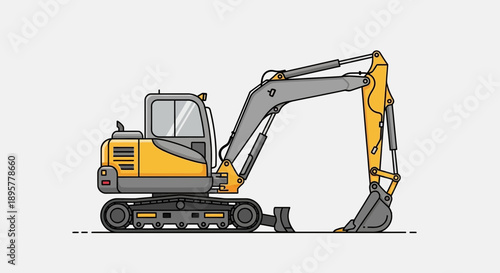 Compact Excavator Construction Machine Yellow and Gray Vector Illustration