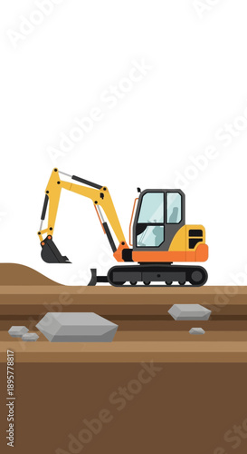 Compact Excavator Digging Ground On Construction Site Minimalist Vector Art