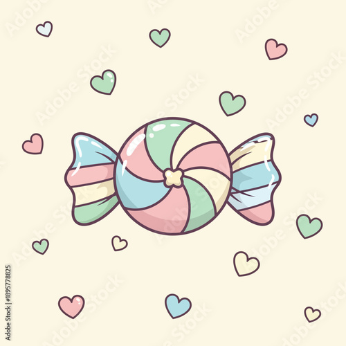 Colorful Cartoon Candy with Heart Shapes.