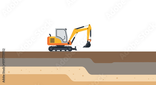 Compact Excavator Digging Layers Of Earth On A Construction Site Flat Design