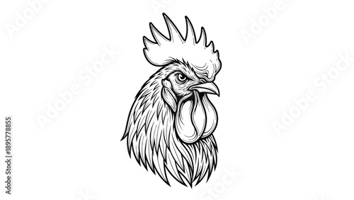 Fierce rooster head mascot in vintage engraving style with detailed feathers and sharp comb for farm or poultry logo design.