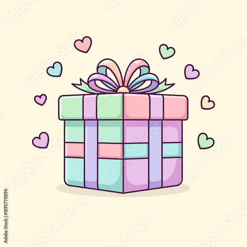 Colorful Gift Box with Ribbon and Hearts.