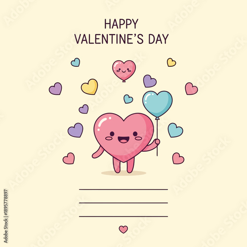 Cartoon Heart Character with Heart Balloons.