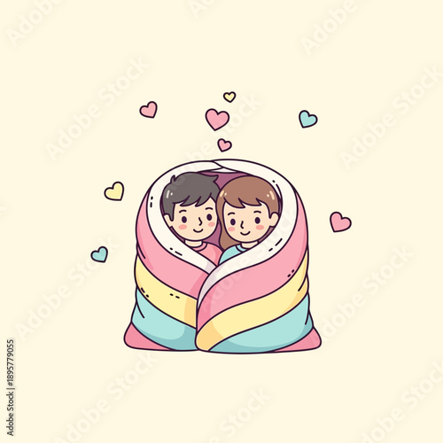 Cartoon Couple Wrapped in Blanket Together.