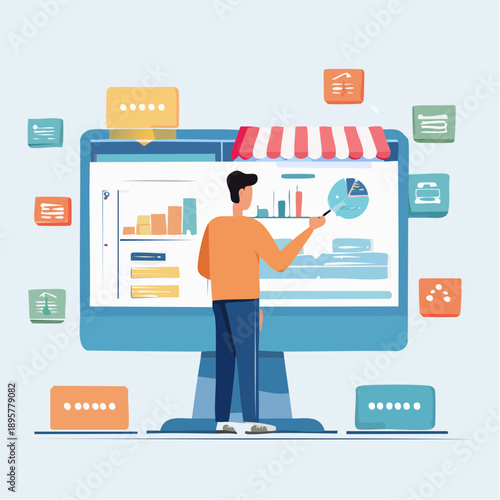 Man analyzing online store data on a large computer monitor.