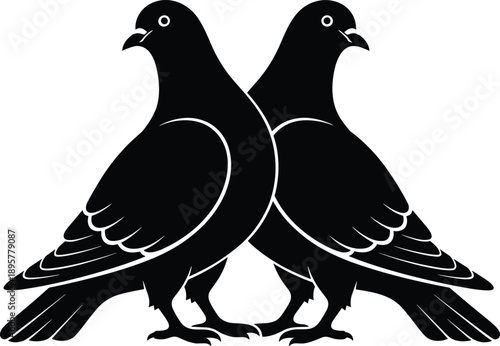 Two symmetrical pigeons in black silhouette, facing opposite directions, minimal bird design, artistic emblem, graphic animal illustration