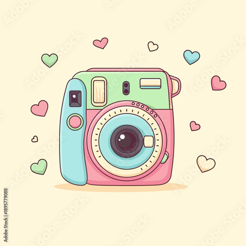 Vintage Camera with Colorful Hearts Surrounding.