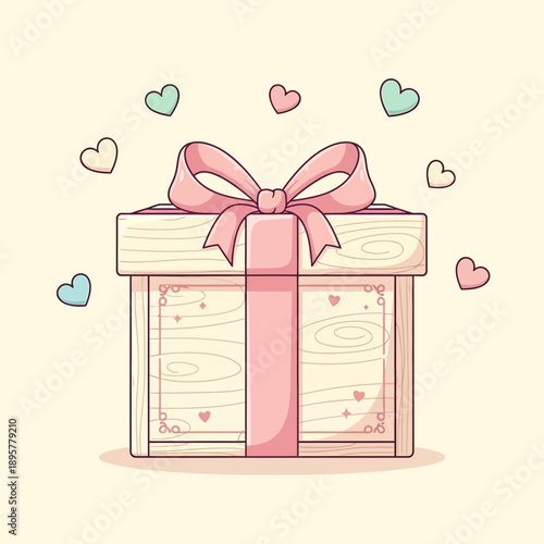 Gift Box with Pink Ribbon and Hearts.