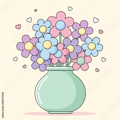 Colorful Cartoon Flowers in Green Vase.