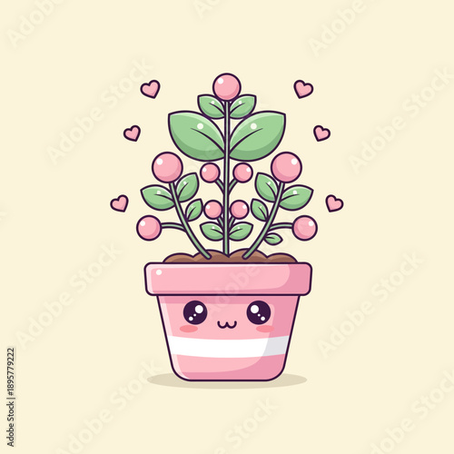 Cute Cartoon Plant with Pink Flowers.