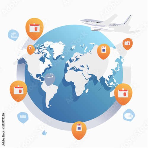 Global travel and logistics network with airplane and world map.