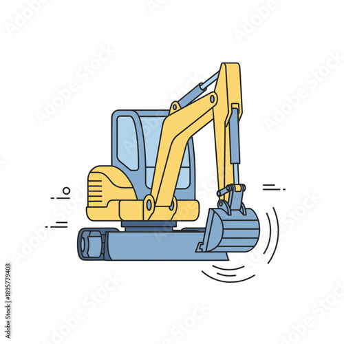 Compact Excavator Machine Working On Site Illustration Detailed Construction Vehicle Art