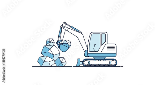 Compact Excavator Moving Geometric Rocks On Construction Site