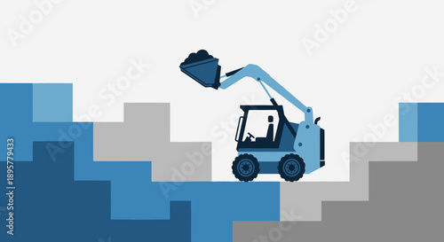 Compact Excavator Moving Dirt Up Step Like Hill Construction Concept