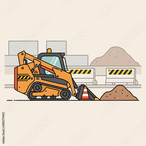 Compact Excavator Moving Soil At Construction Site Scene