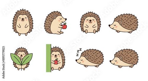 Set of adorable cartoon hedgehogs in various poses with apples and leaves, isolated on white background