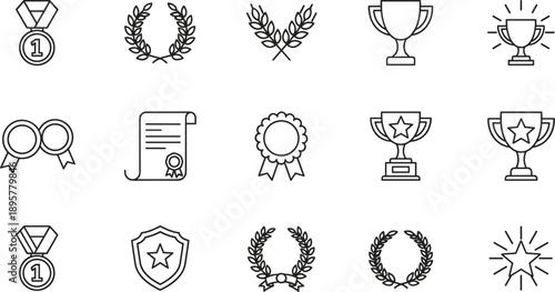 Award and achievement icon set with trophy medal laurel wreath flat vector illustration for success recognition design branding