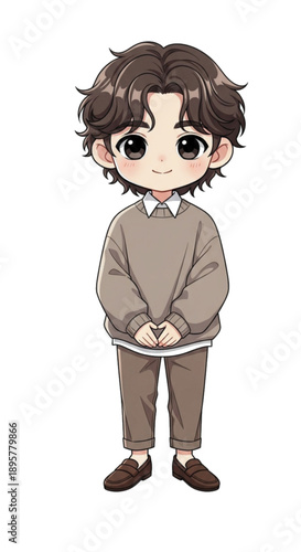 Cute cartoon boy in sweater and pants, standing with hands clasped, isolated on white